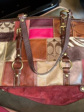 Coach Patchwork Signature & Leather Tote - Brown, Tan, Gold, Pink, Burgundy